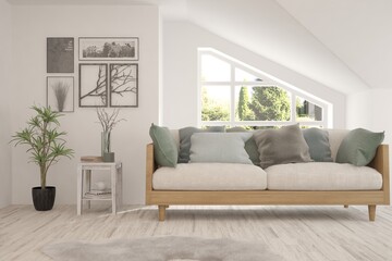 White living room with sofa and summer landscape in window. Scandinavian interior design. 3D illustration