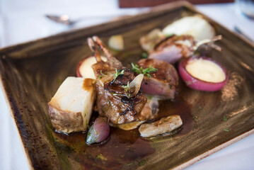 Icelandic Lamb, a typical food dish at a fine dining restaurant in Iceland, Europe - obrazy, fototapety, plakaty