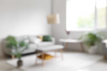 Fotobehang Blurred view of stylish living room with comfortable sofa and houseplants © Pixel-Shot