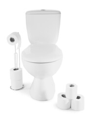 Holder with rolls of soft paper and toilet bowl on white background