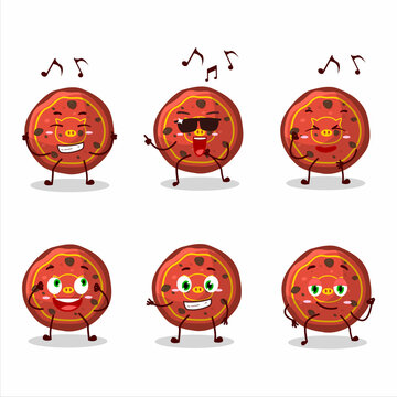 An image of red cookies pig dancer cartoon character enjoying the music