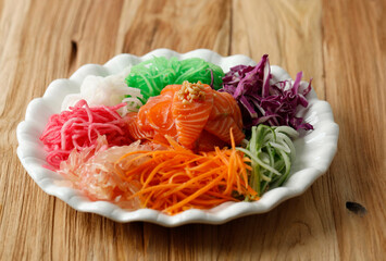 Salmon Yee Sang or Yusheng, a Chinese New Year Celebration Dish