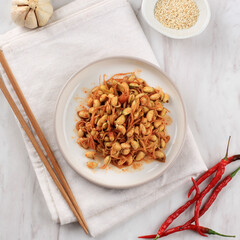 Spicy mung bean sprouts salad with garlic, sesame seeds, green onions,