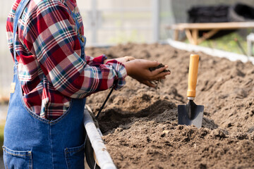 Young farmer is preparing the soil in an agricultural plot to grow organic vegetables for sale in a...