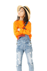 Portrait cutout isolated closeup studio shot Asian pout resentful frowning bored unhappy young schoolgirl in casual overalls outfit standing holding hand at cheek look at camera on white background