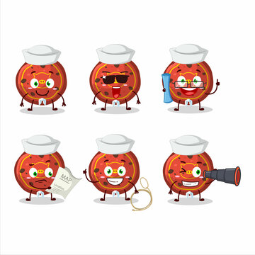 A character image design of red cookies pig as a ship captain with binocular