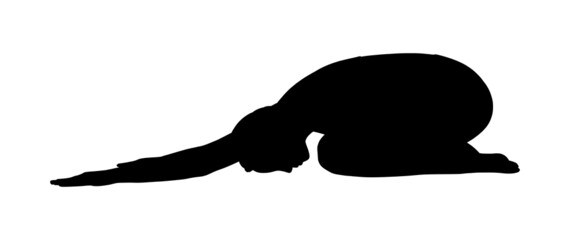 Relaxing yoga pose. Woman silhouette in balasana or extended childs pose. Vector illustration isolated in white background