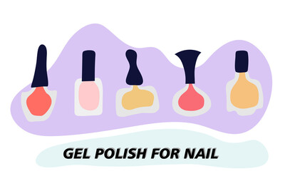 A set of jars with gel nail polish. Transparent jar, colored varnish is visible through the glass. Objects and materials for a beauty and fashion salon. Vector illustration.