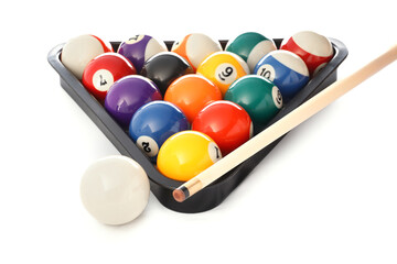 Rack with billiard balls and cue on white background