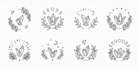 Mystical moon crystal, line art vector logo. Boho crystal clipart, editable stroke - obrazy, fototapety, plakaty