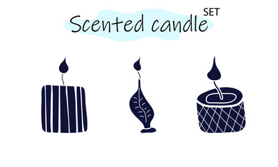 A set of scented candles with a burning fire. Candles for interior, lighting and romantic dates. Aromatherapy. Vector illustration in solid monochrome design on a white background.