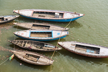 Fototapeta na wymiar Boats on the River Ganges, Varanasi, Uttar Pradesh, India