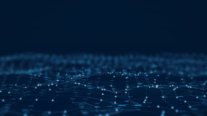 Cybersecurity and digital data protection technology concept. Connection of small binary padlock polygons with a dark background. Protect the computer system of the Internet online.