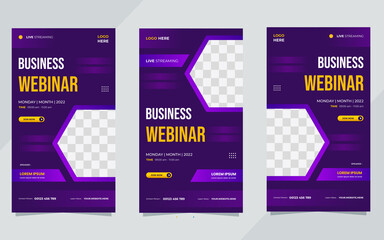 Set of business webinar social media stories template with purple geometric background and hexagon frame