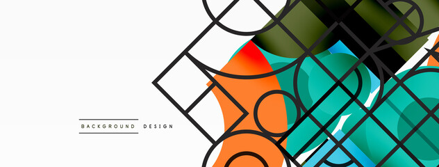 Circle and square geometric background. Round shapes with squares and triangles composition for wallpaper, banner, background or landing