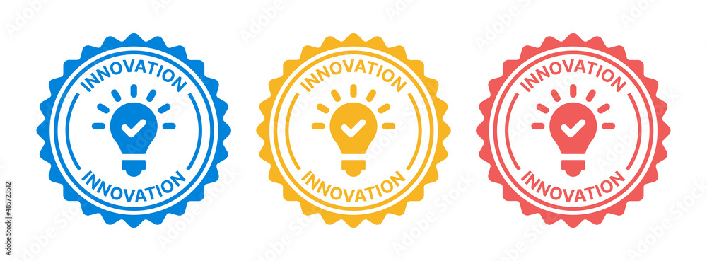 Aufkleber innovation label stamp icon set. innovation seal with lightbulb symbol isolated on white background.