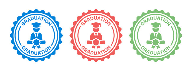 Graduation seal badge icon set. Graduated student with diploma icon on round stamp. Achievement concept. - obrazy, fototapety, plakaty