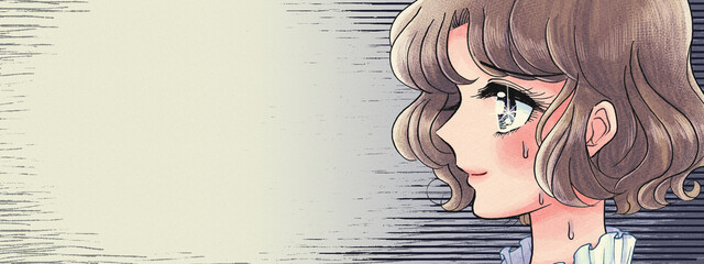 70年代少女漫画イラスト ビックリする少女のバナー 70s Wall Mural 7 水乃みのる