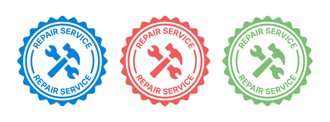 Repair service seal stamp icon set. Hammer and wrench tool symbol.