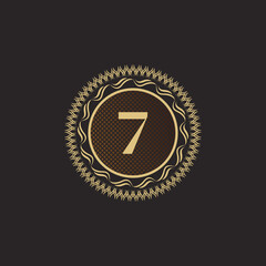 Emblem Number 7 Gold Monogram Design. Luxury Volumetric Logo Template. 3D Line Ornament for Business Sign, Badge, Crest, Label, Boutique Brand, Hotel, Restaurant, Heraldic. Vector Illustration