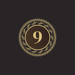 Emblem Number 9 Gold Monogram Design. Luxury Volumetric Logo Template. 3D Line Ornament for Business Sign, Badge, Crest, Label, Boutique Brand, Hotel, Restaurant, Heraldic. Vector Illustration