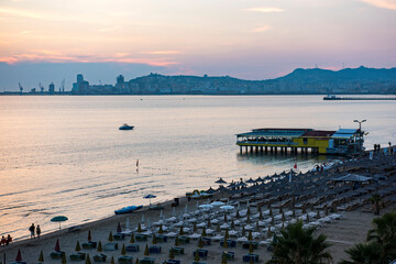 Obraz premium Beach at sunset, Durres (aka Epidamnos and Dyrrachium), Adriatic Coast, Albania, Europe
