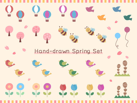 春　手描き　セット　手書き　手描き風　イラスト　桜　蜂　蜜蜂　うぐいす　気球　小鳥　花　鳥　つくし