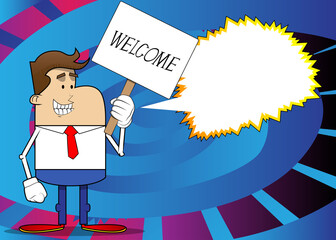 Simple retro cartoon of a businessman holding a banner with welcome text. Professional finance employee white wearing shirt with red tie.