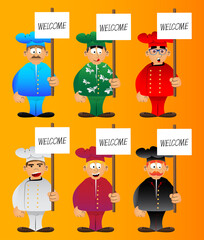 Fat male cartoon chef in uniform holding a banner with welcome text. Vector illustration.