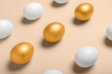 Many Easter eggs on color background, closeup