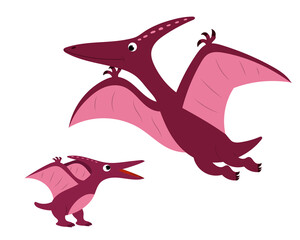 A set of cute cartoon pterodactyl dinosaurs, baby and adult dinosaur. vector isolated on a white background © Владимир Маевский