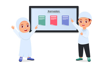 Cute girl and boy preparing Activity Schedule for the holy month of Ramadan