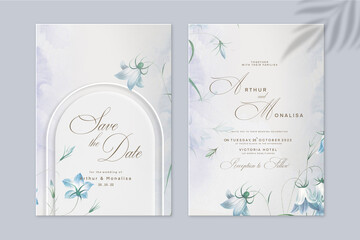Geometric Wedding Invitation and Save the Date with Blue Flower