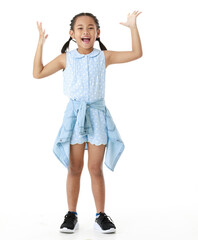 Portrait full body studio cutout shot of Asian young happy cheerful pigtail braid hairstyle elementary school girl in blue sleeveless dress standing posing smiling look at camera on white background