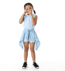Fototapeta premium Portrait full body studio cutout shot of Asian young happy cheerful pigtail braid hairstyle elementary school girl in blue sleeveless dress standing posing smiling look at camera on white background