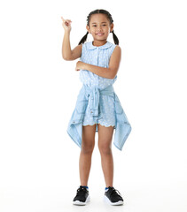 Portrait full body studio cutout shot of Asian young happy cheerful pigtail braid hairstyle elementary school girl in blue sleeveless dress standing posing smiling look at camera on white background