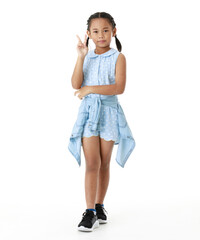 Portrait full body studio cutout shot of Asian young happy cheerful pigtail braid hairstyle elementary school girl in blue sleeveless dress standing posing smiling look at camera on white background