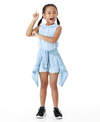 Portrait full body studio cutout shot of Asian young happy cheerful pigtail braid hairstyle elementary school girl in blue sleeveless dress standing posing smiling look at camera on white background