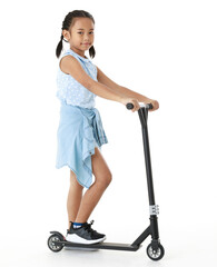 Portrait full body studio cutout shot of Asian young playful cheerful pigtail braid hair girl model in blue sleeveless dress standing posing riding scooter smiling look at camera on white background © Bangkok Click Studio