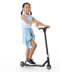 Portrait full body studio cutout shot of Asian young playful cheerful pigtail braid hair girl model...