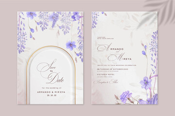 Floral Wedding Invitation and Save the Date with Purple Flower
