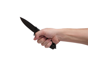 Tactical folding knife in bare hand on white background.Assault and self defense.