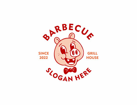 Retro vintage pig character mascot logo barbecue grill template