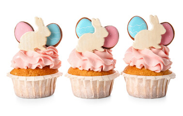 Yummy Easter cupcakes on white background