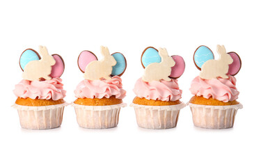 Yummy Easter cupcakes on white background