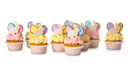 Yummy Easter cupcakes on white background