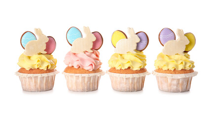 Yummy Easter cupcakes on white background