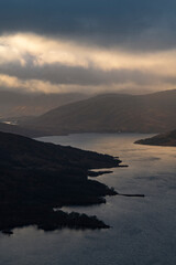 Fototapeta na wymiar Loch Katrine seen from Ben A'an 454m summit, Loch Lomond and the Trossachs National Park, Scottish Highlands, Scotland, United Kingdom, Europe