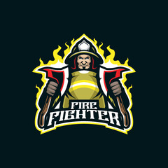 Firefighter mascot logo design vector with modern illustration concept style for badge, emblem and t shirt printing. Firefighter illustration with ax in hand.