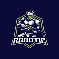 Robotic mascot logo design vector with modern illustration concept style for badge, emblem and t shirt printing. Robotic illustration with guns in hand.